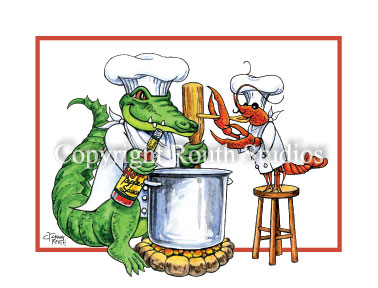 Louisiana Greeting Cards - Cajun Greeting Cards - One Chef Sous Chef Note cards, Alligator and Crawfish cooks